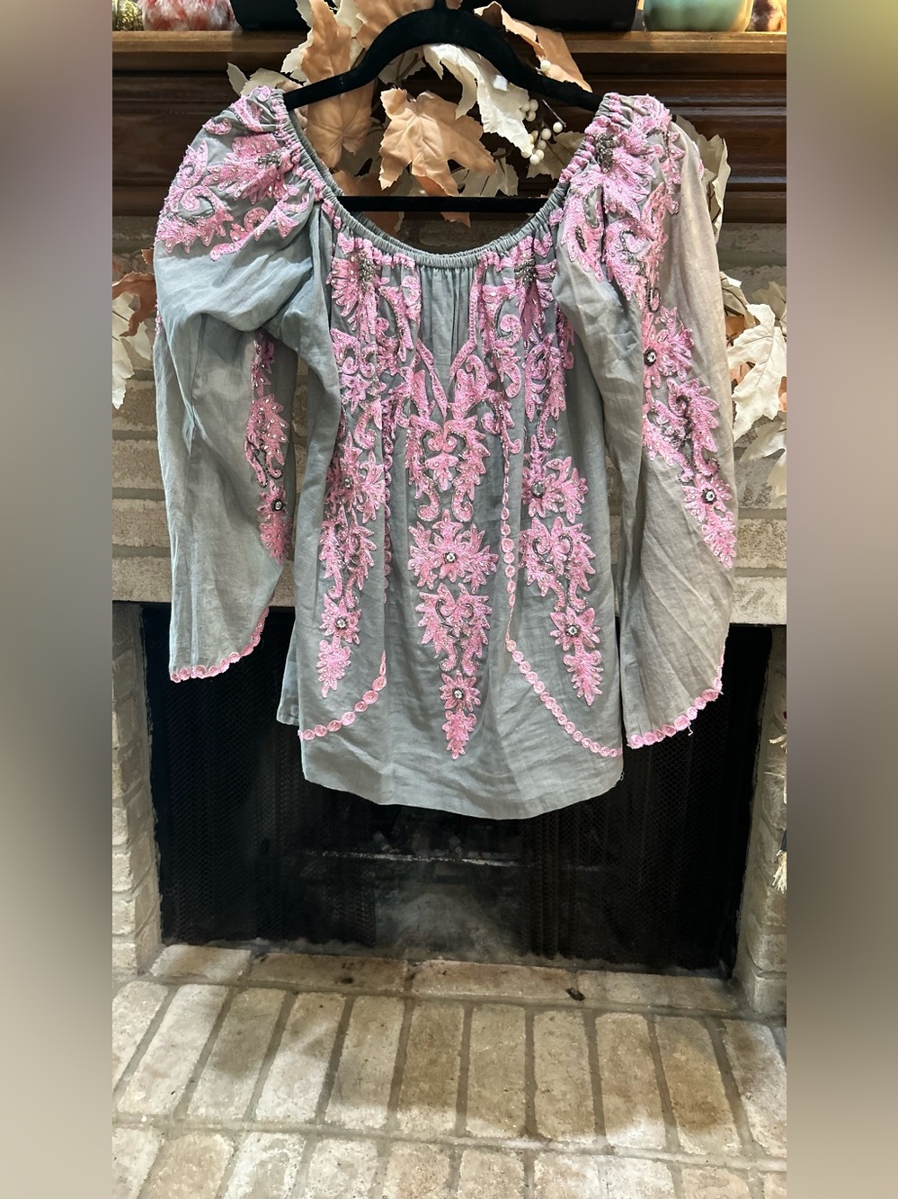 Boho Embroidered Off-Shoulder Tunic in Gray with Pink Embroidery EUC